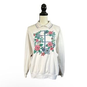 VTG Alfred Dunner Floral Wreath & Bird Graphic Collared Sweatshirt Grandmacore L